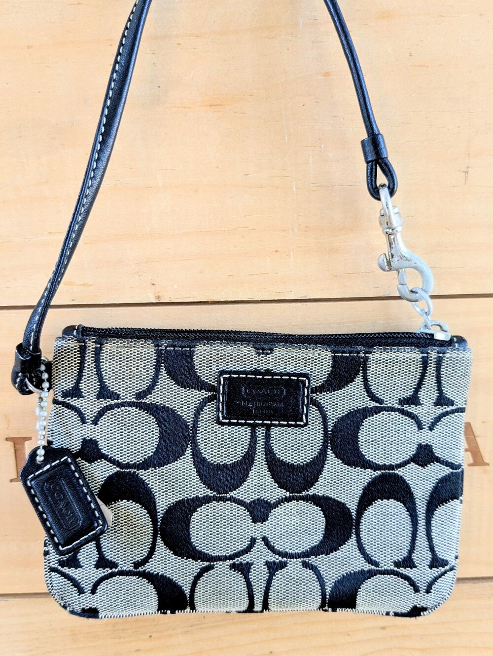 Coach Signature Canvas Wristlet - Black and Cream Pattern